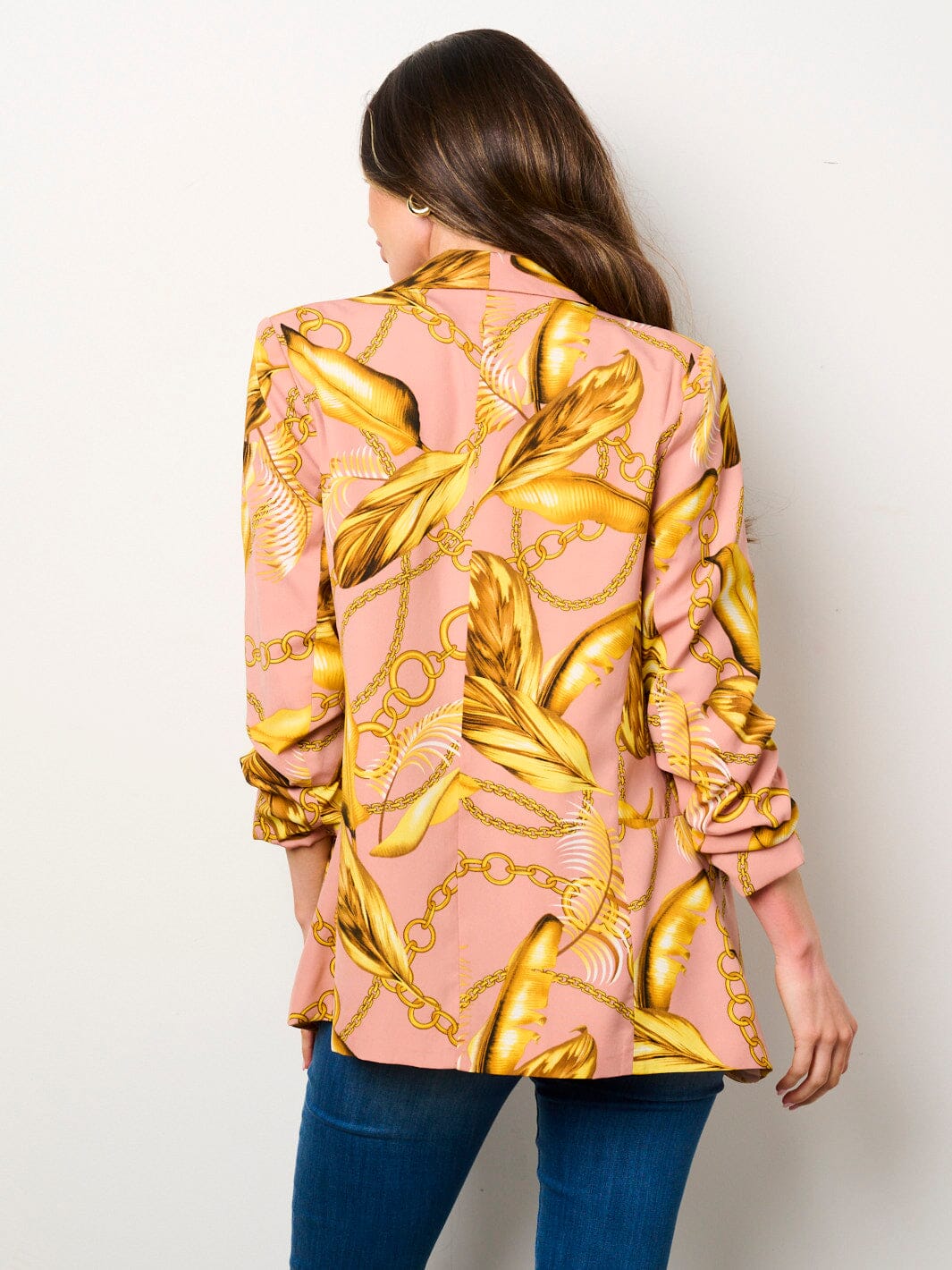 WOMEN'S 3/4 RUCHED SLEEVES OPEN FRONT POCKETS PRINTED BLAZER