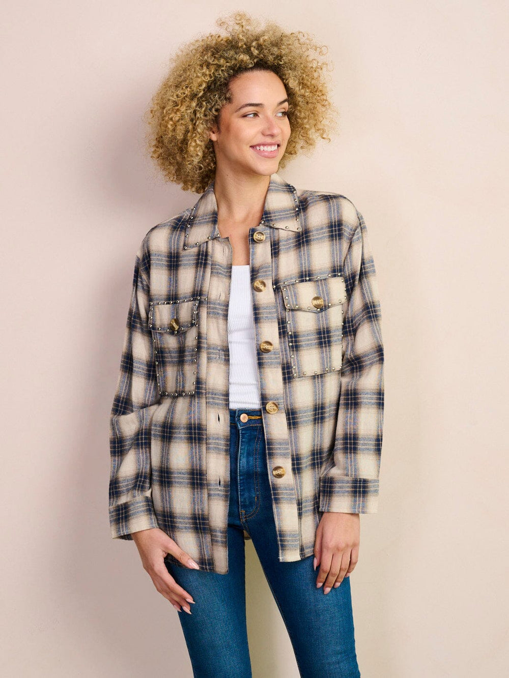 WOMEN'S LONG SLEEVE BUTTON UP POCKETS PLAID STUDS TOP
