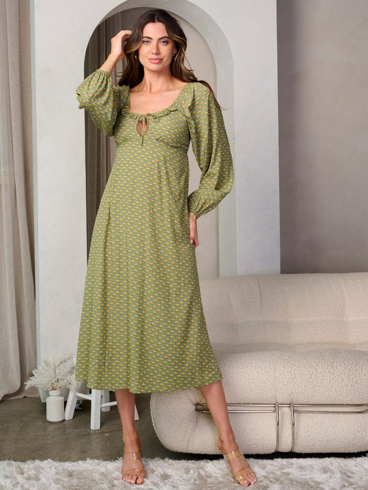 WOMEN'S LONG SLEEVE SMOCK FLORAL MIDI DRESS