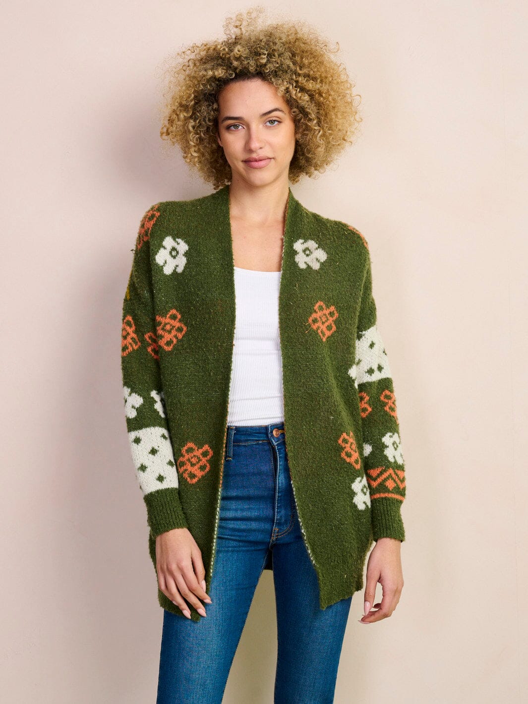 WOMEN'S LONG SLEEVE OPEN FRONT MULTI PRINT CARDIGAN