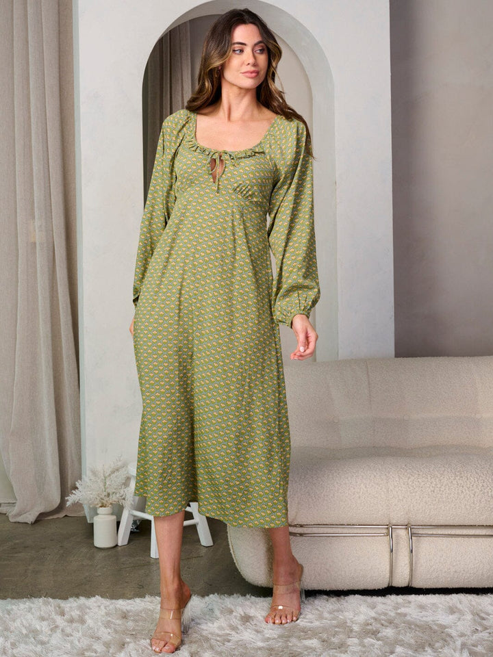 WOMEN'S LONG SLEEVE SMOCK FLORAL MIDI DRESS