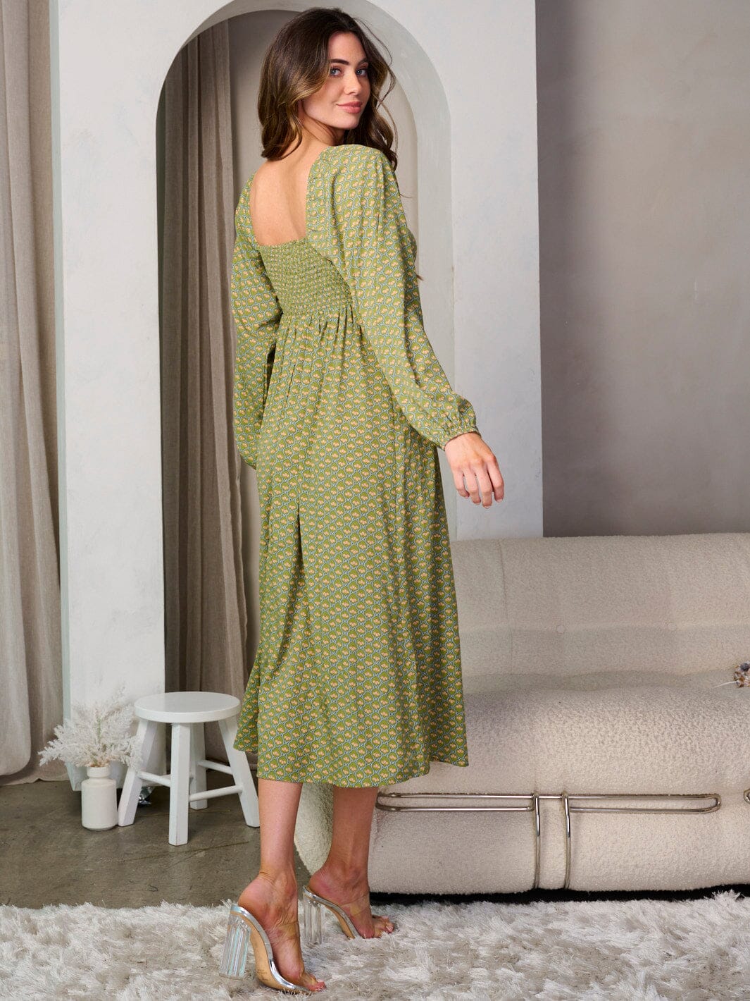 WOMEN'S LONG SLEEVE SMOCK FLORAL MIDI DRESS