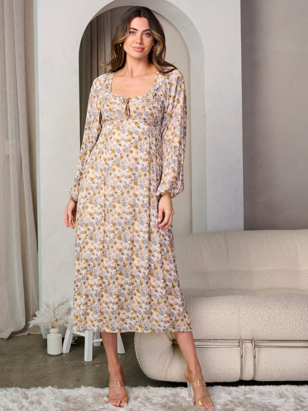 WOMEN'S LONG SLEEVE SMOCK FLORAL MIDI DRESS