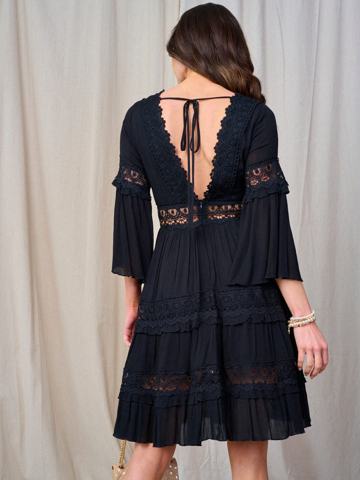 WOMEN'S 3/4 SLEEVE V-NECK CROCHET DETAILED MINI DRESS