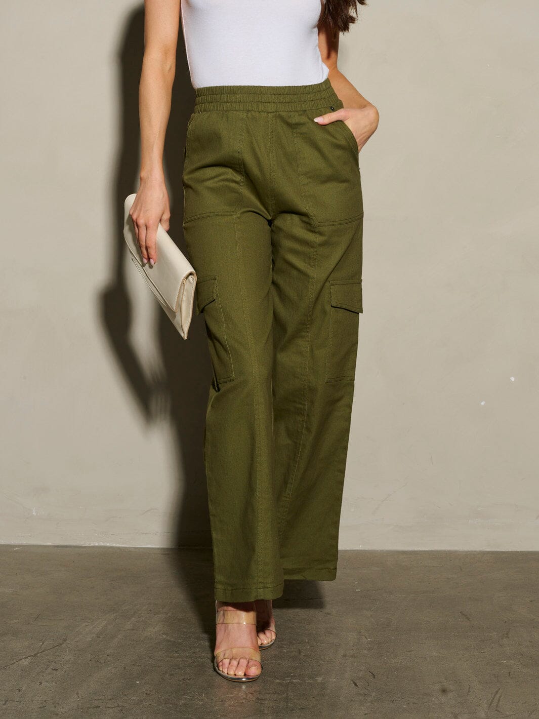 WOMEN'S ELASTIC WAIST CARGO POCKETS WIDE LEG PANTS
