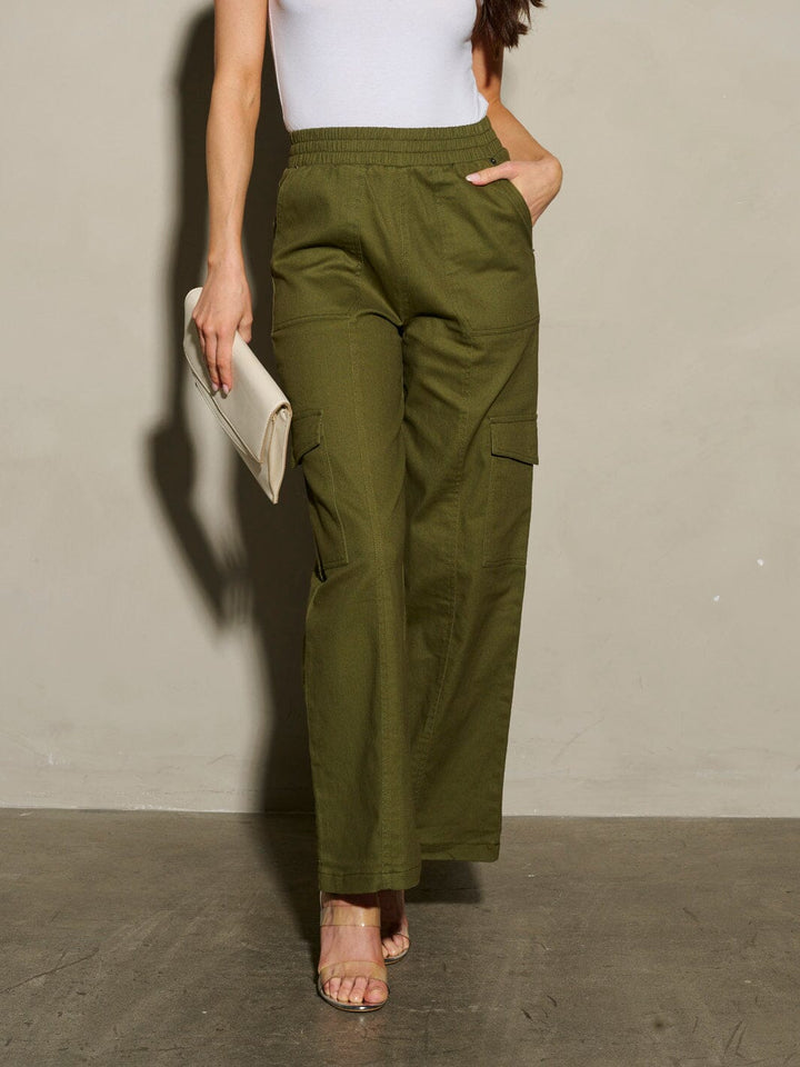 WOMEN'S ELASTIC WAIST CARGO POCKETS WIDE LEG PANTS