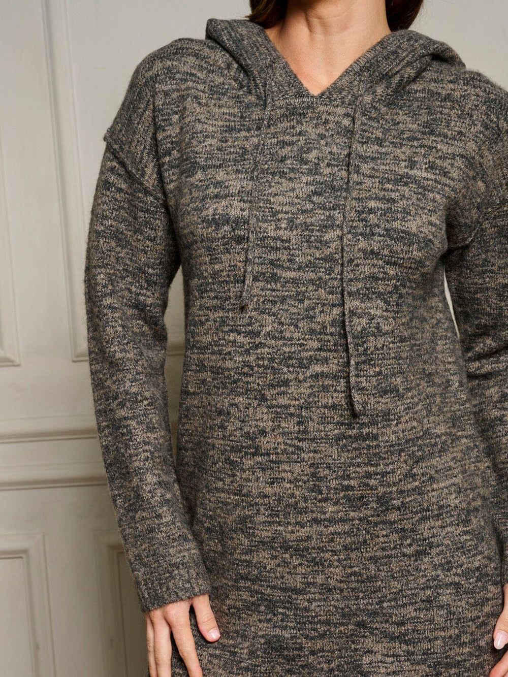 WOMEN'S LONG SLEEVE V-NECK HOODED SWEATER MINI DRESS