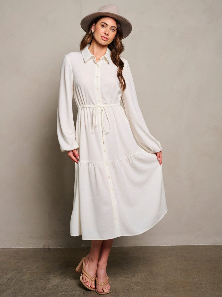 WOMEN'S LONG PUFF SLEEVE BUTTON UP MAXI DRESS