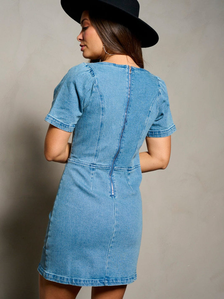 WOMEN'S SHORT SLEEVE SQUARE NECK DENIM MINI DRESS
