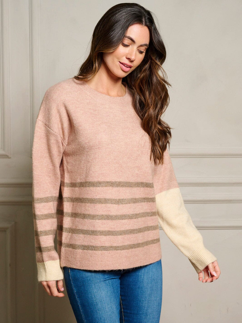 WOMEN'S LONG SLEEVE COLORBLOCK STRIPES PULLOVER SWEATER