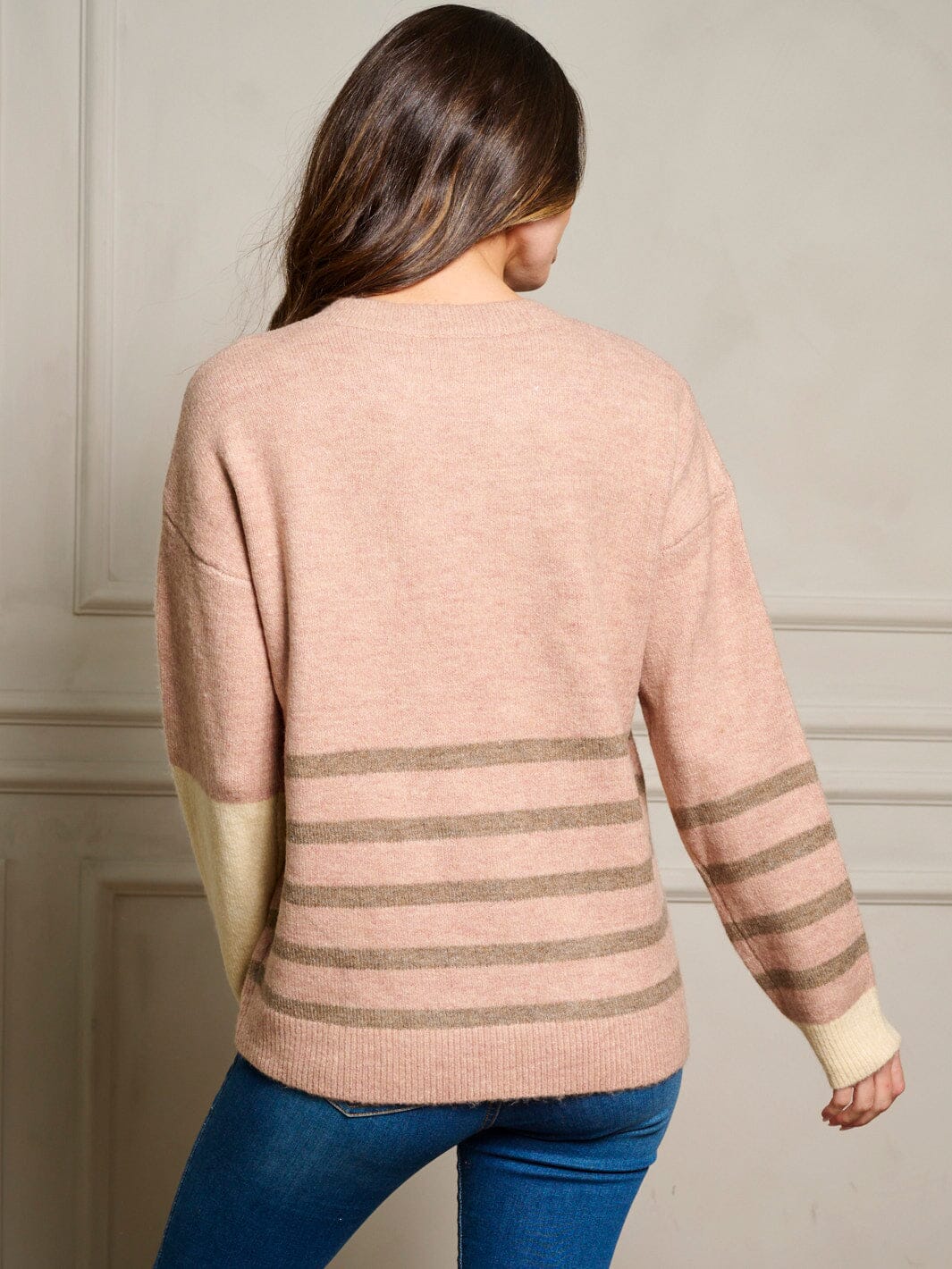 WOMEN'S LONG SLEEVE COLORBLOCK STRIPES PULLOVER SWEATER