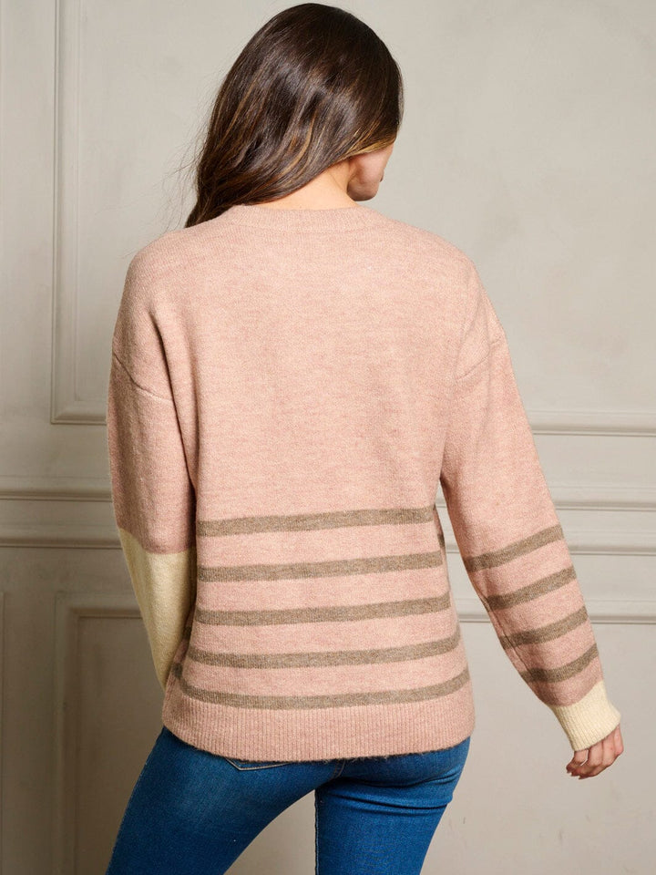 WOMEN'S LONG SLEEVE COLORBLOCK STRIPES PULLOVER SWEATER