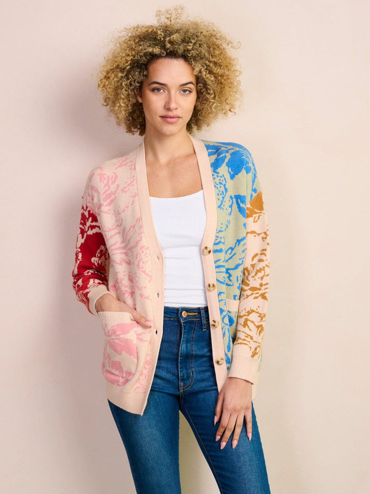 WOMEN'S LONG SLEEVE BUTTON UP FRONT POCKETS PRINTED CARDIGAN