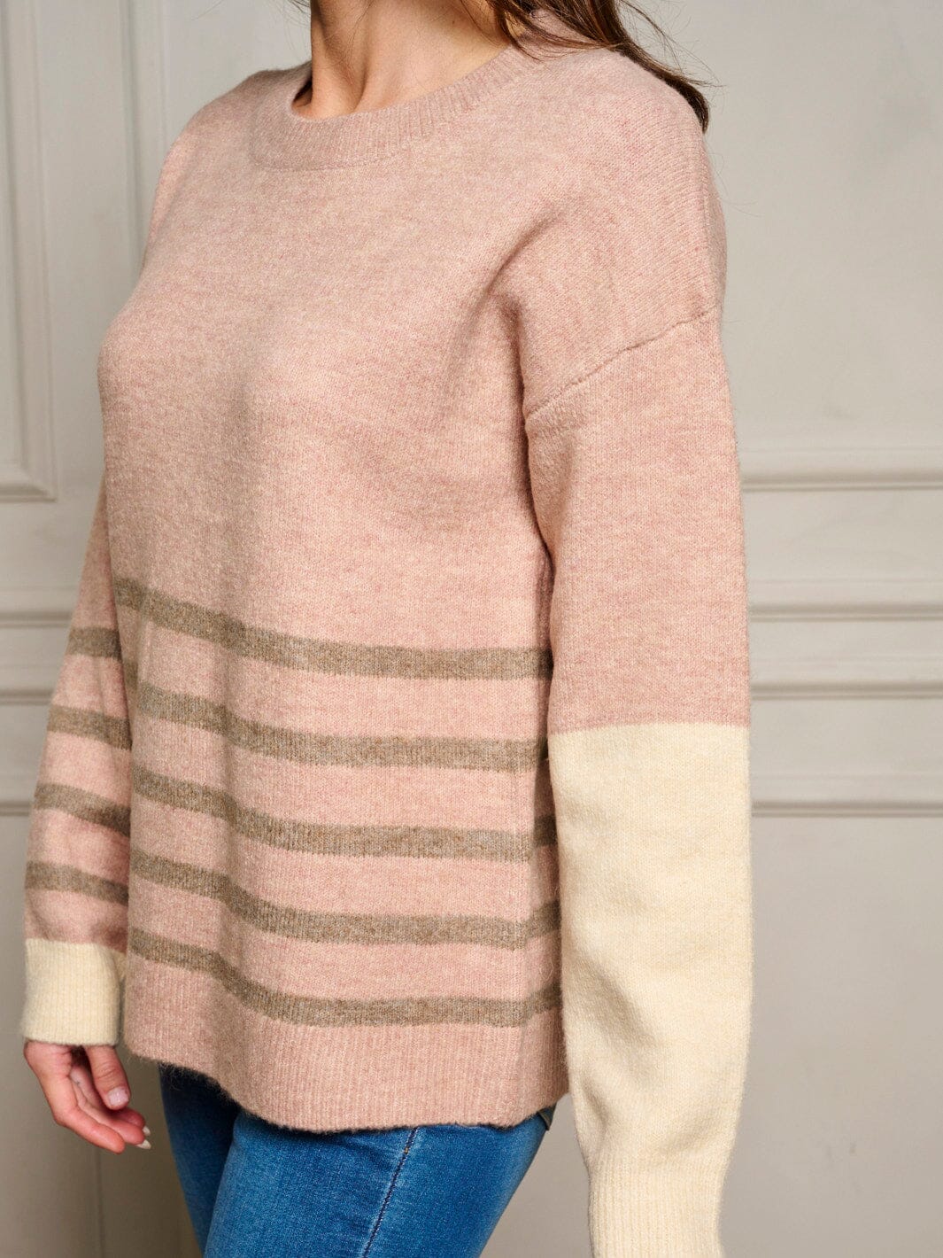 WOMEN'S LONG SLEEVE COLORBLOCK STRIPES PULLOVER SWEATER