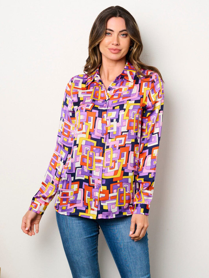 WOMEN'S LONG SLEEVE BUTTON UP MULTI PRINT BLOUSE TOP