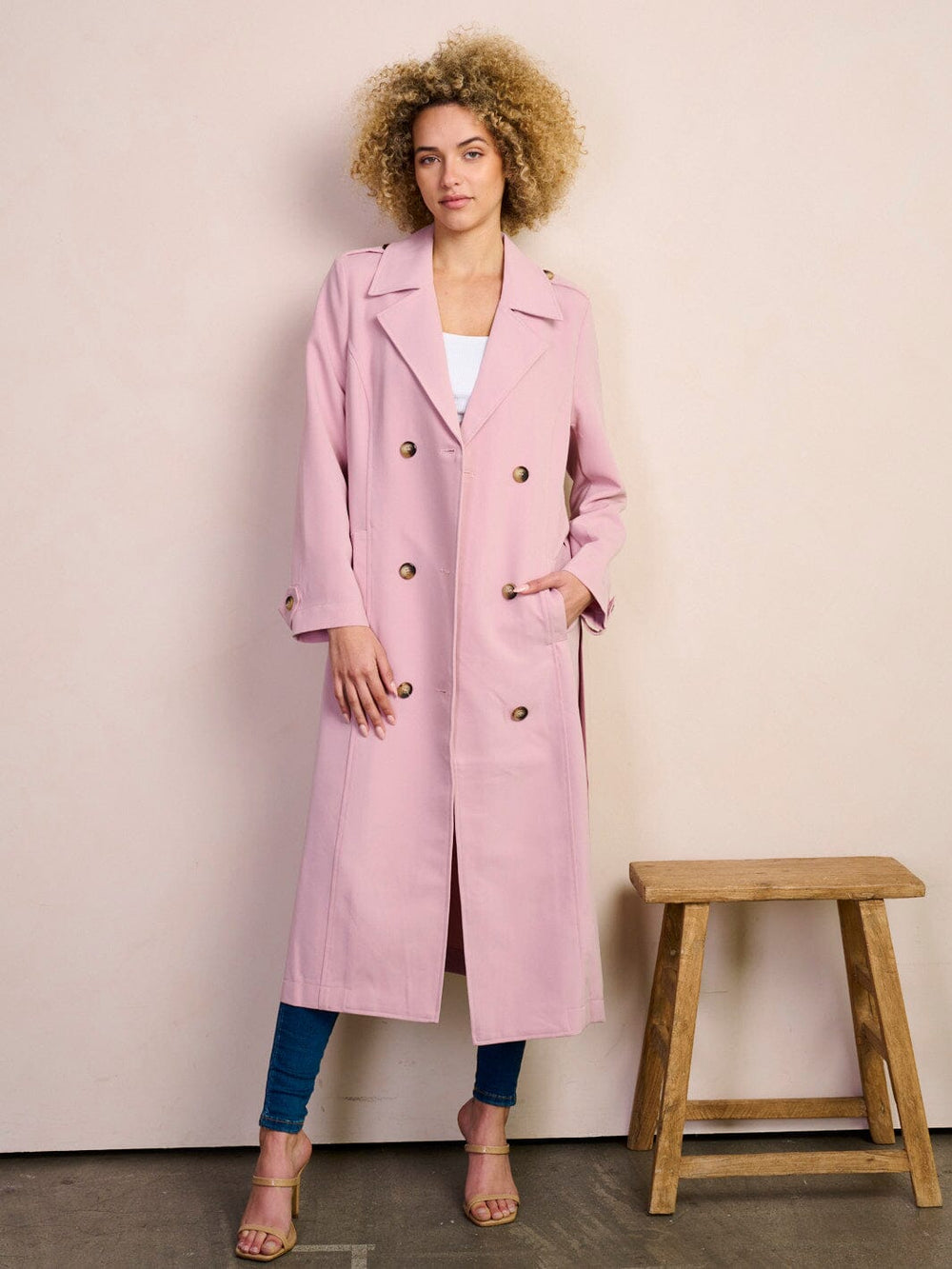 WOMEN'S LONG SLEEVE POCKETS BUTTON CLOSURE SELF TIE COAT