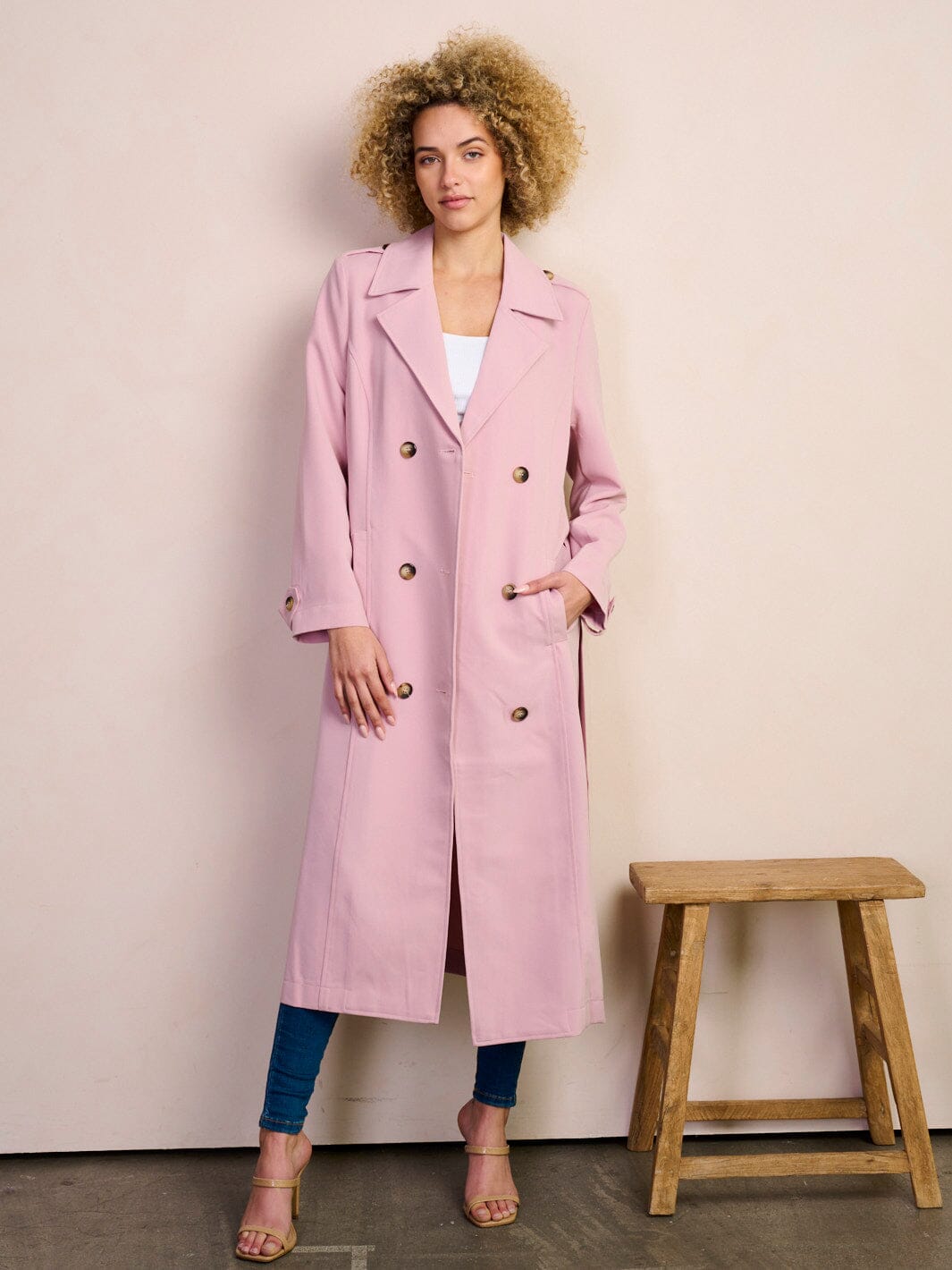 WOMEN'S LONG SLEEVE POCKETS BUTTON CLOSURE SELF TIE COAT