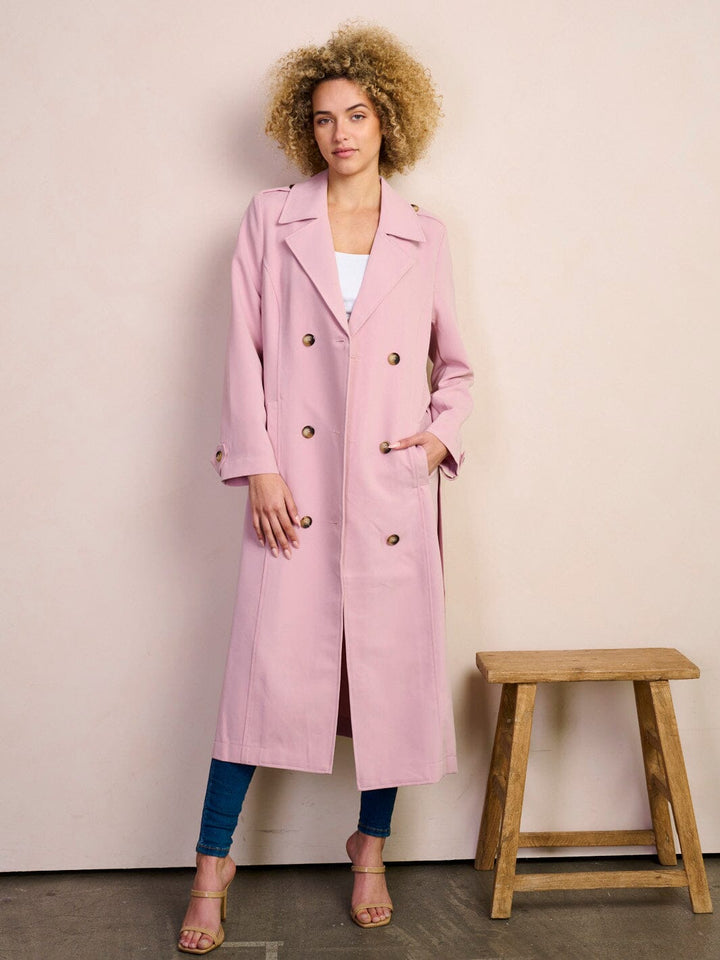 WOMEN'S LONG SLEEVE POCKETS BUTTON CLOSURE SELF TIE COAT