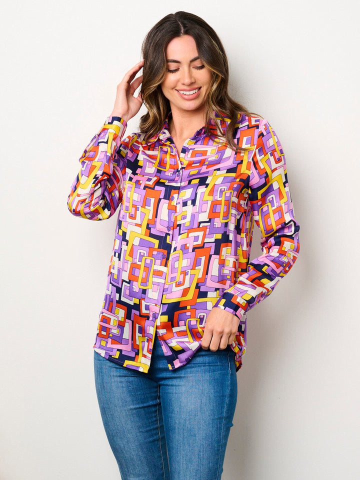 WOMEN'S LONG SLEEVE BUTTON UP MULTI PRINT BLOUSE TOP