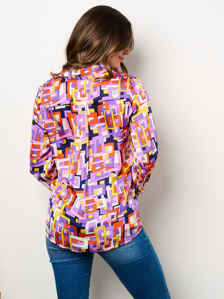 WOMEN'S LONG SLEEVE BUTTON UP MULTI PRINT BLOUSE TOP