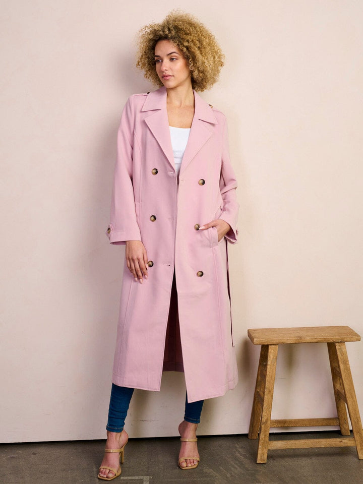 WOMEN'S LONG SLEEVE POCKETS BUTTON CLOSURE SELF TIE COAT
