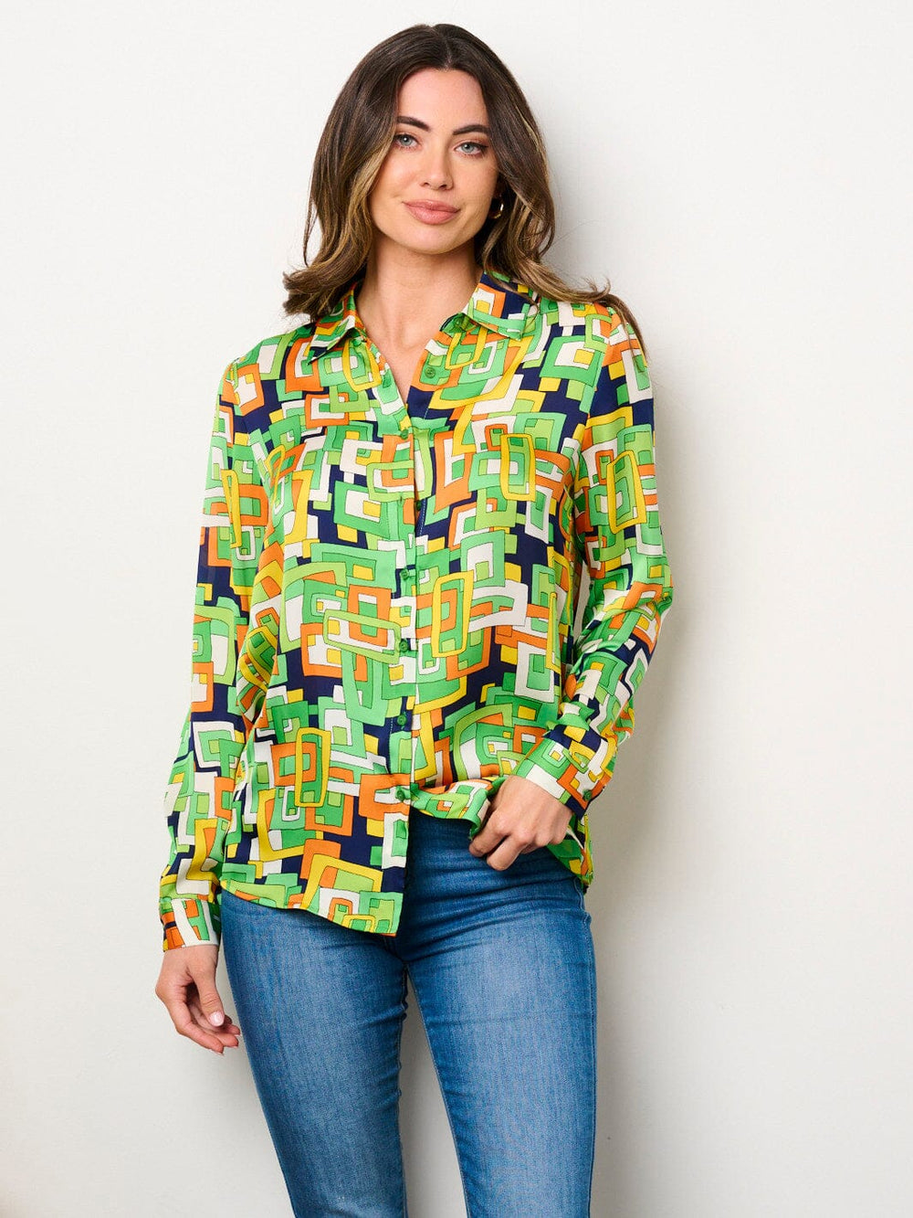 WOMEN'S LONG SLEEVE BUTTON UP MULTI PRINT BLOUSE TOP
