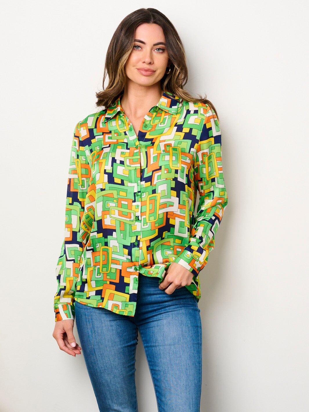 WOMEN'S LONG SLEEVE BUTTON UP MULTI PRINT BLOUSE TOP