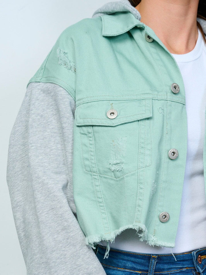 WOMEN'S LONG SLEEVE BUTTON CLOSURE FRONT POCKETS HOODED DENIM CONTRAST JACKET