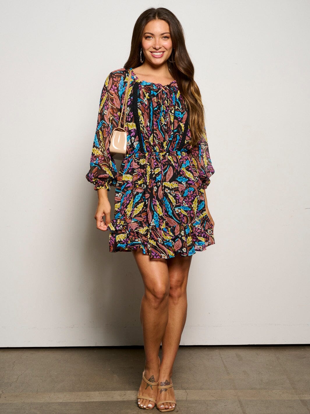 WOMEN'S LONG SLEEVE DETAILED MULTI PRINT MINI DRESS