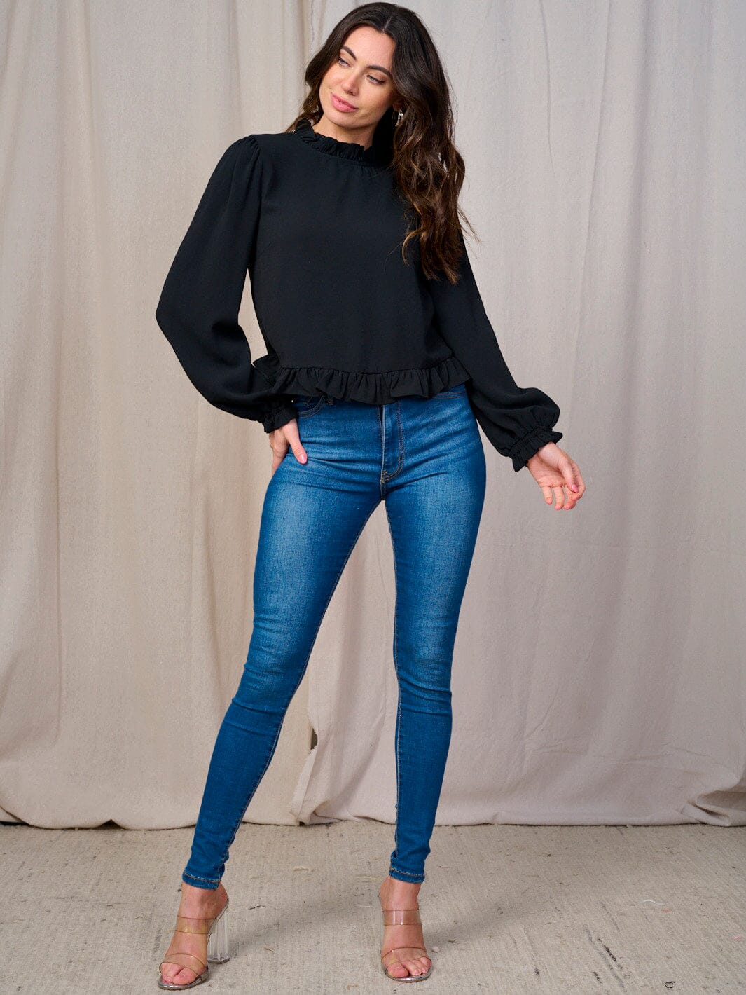WOMEN'S LONG SLEEVE MOCK NECK RUFFLE BOTTOM HEM BLOUSE