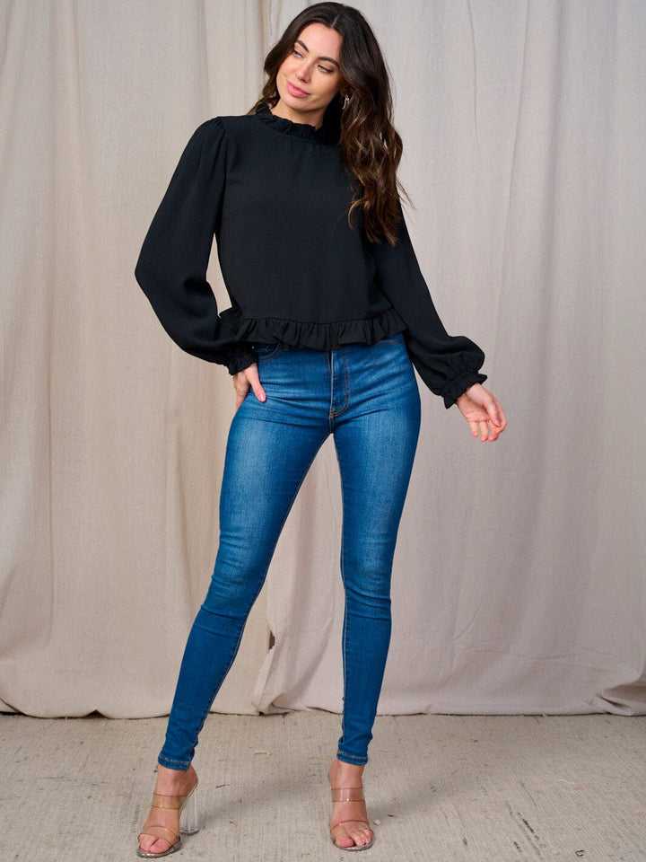 WOMEN'S LONG SLEEVE MOCK NECK RUFFLE BOTTOM HEM BLOUSE