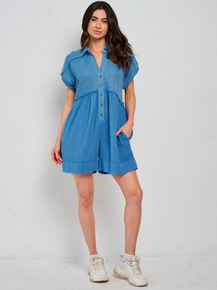 WOMEN'S SHORT SLEEVE FRONT POCKETS BUTTON UP ROMPER