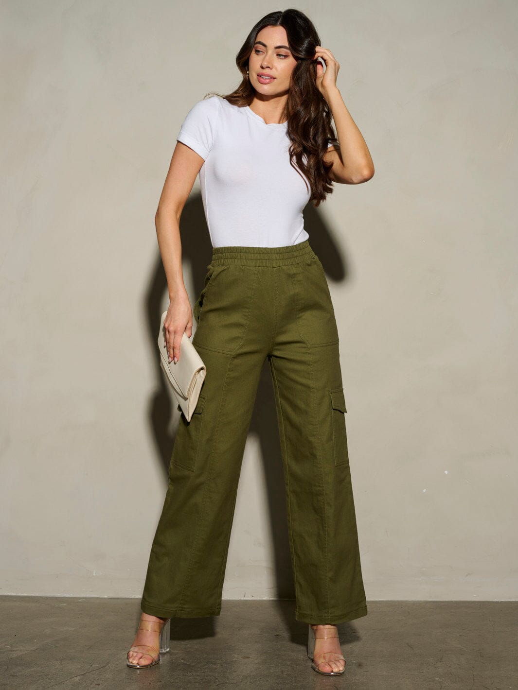 WOMEN'S ELASTIC WAIST CARGO POCKETS WIDE LEG PANTS