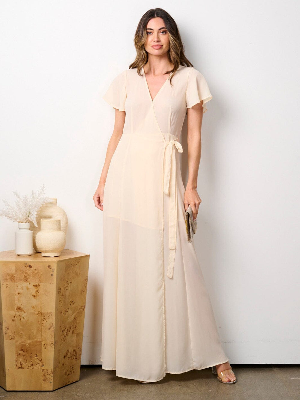 WOMEN'S SHORT RUFFLE SLEEVE SELF TIE WRAP MAXI DRESS