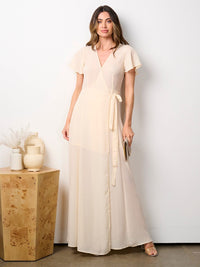 WOMEN'S SHORT RUFFLE SLEEVE SELF TIE WRAP MAXI DRESS