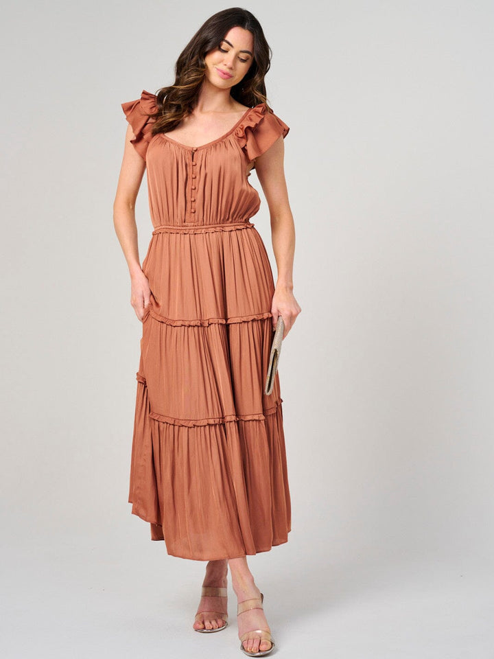 WOMEN'S RUFFLE SLEEVE ELASTIC WAIST TIERED MAXI DRESS