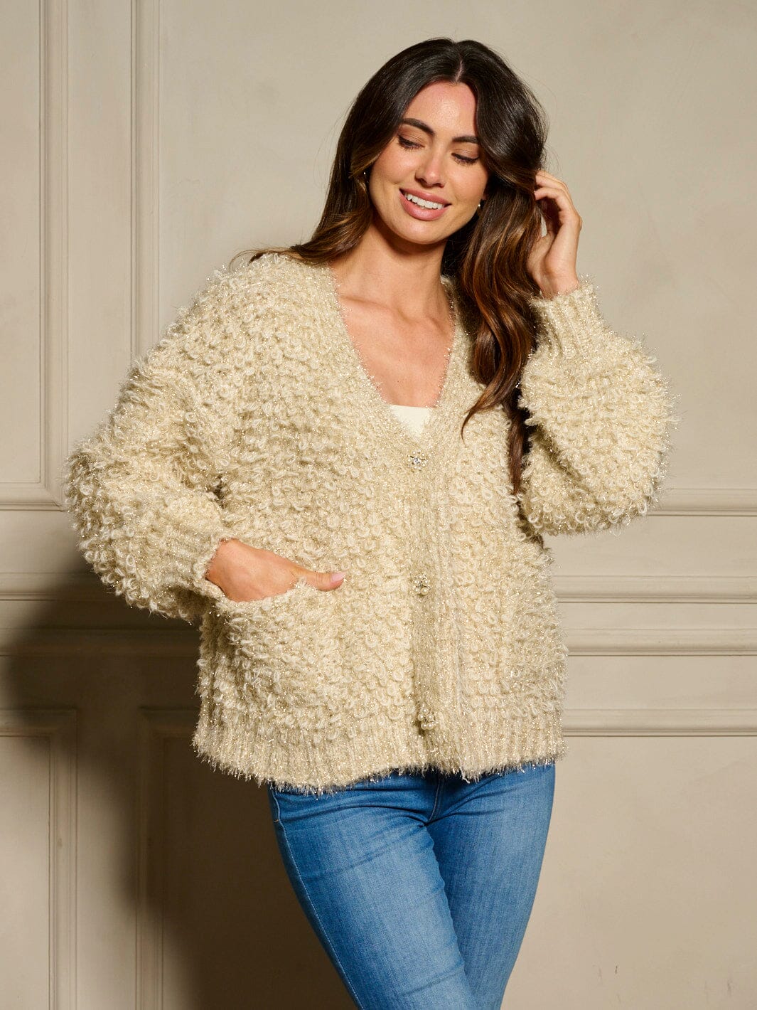 WOMEN'S LONG SLEEVE BUTTON CLOSURE FRONT POCKETS SHIMMER SHERPA SWEATER