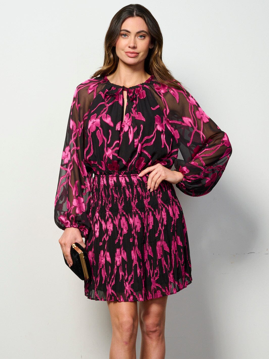 WOMEN'S LONG SLEEVE SMOCK FLOWER DETAILED MINI DRESS