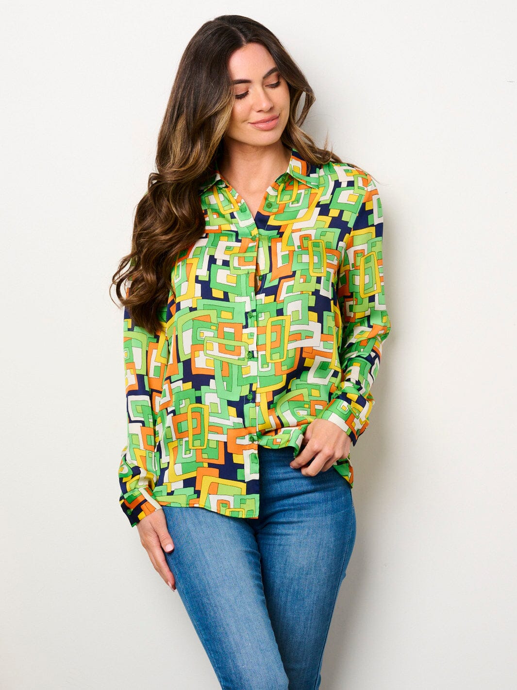WOMEN'S LONG SLEEVE BUTTON UP MULTI PRINT BLOUSE TOP