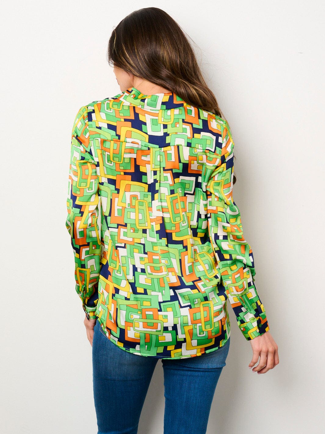 WOMEN'S LONG SLEEVE BUTTON UP MULTI PRINT BLOUSE TOP