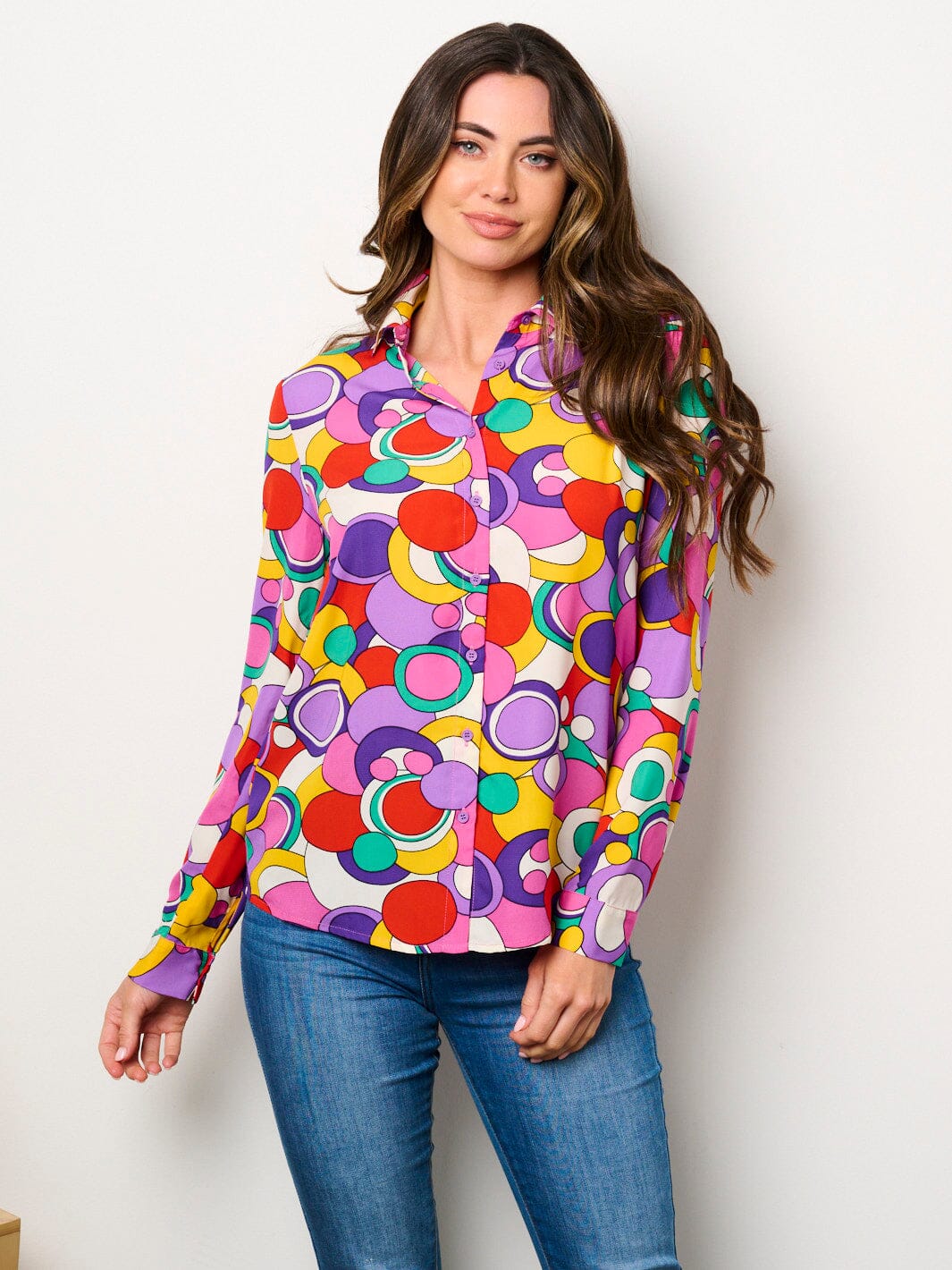 WOMEN'S LONG SLEEVE BUTTON UP MULTI PRINT BLOUSE TOP