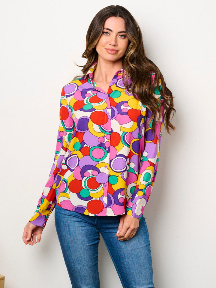 WOMEN'S LONG SLEEVE BUTTON UP MULTI PRINT BLOUSE TOP