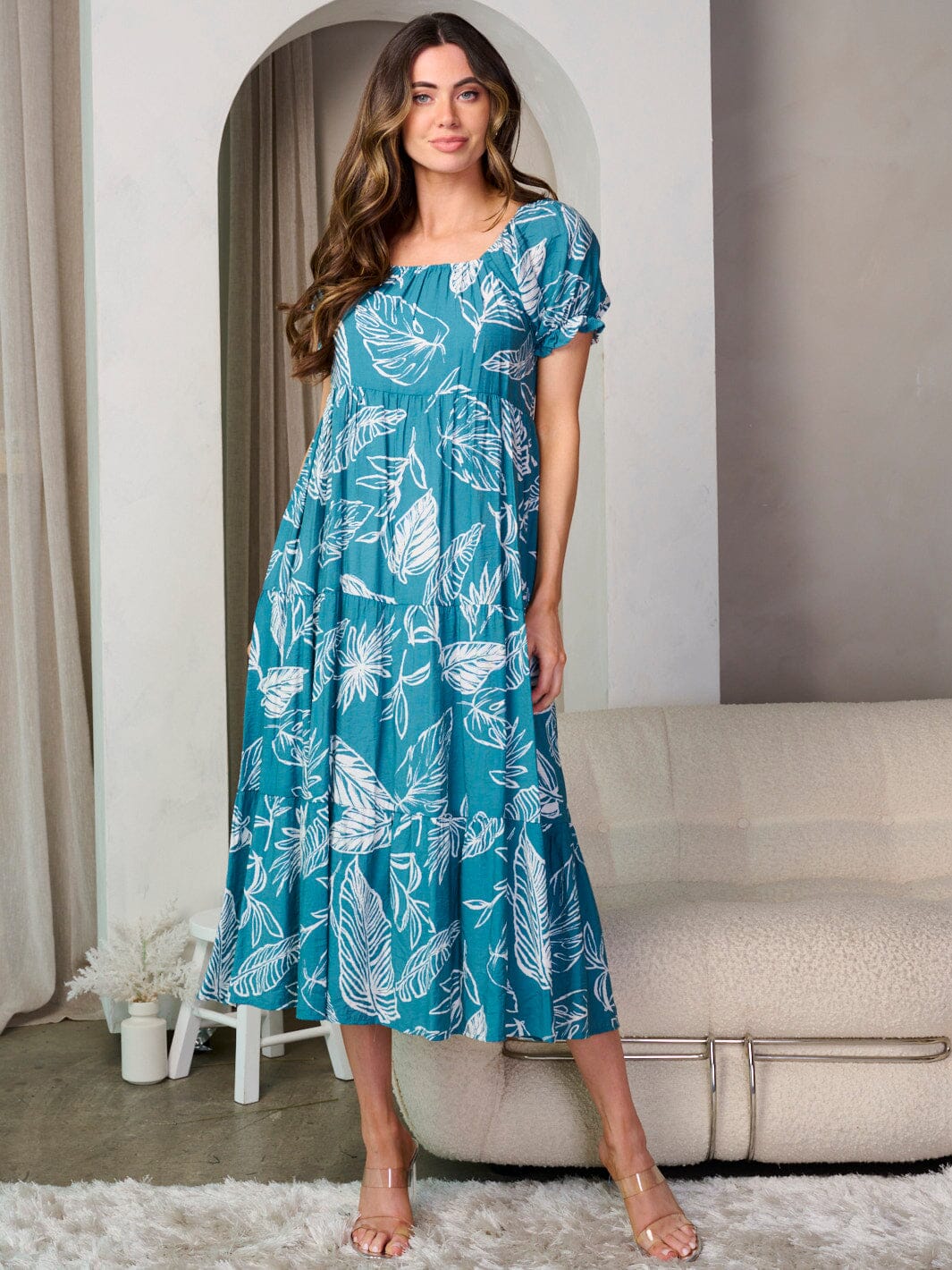 WOMEN'S SHORT PUFF SLEEVE LEAF PRINT MIDI DRESS