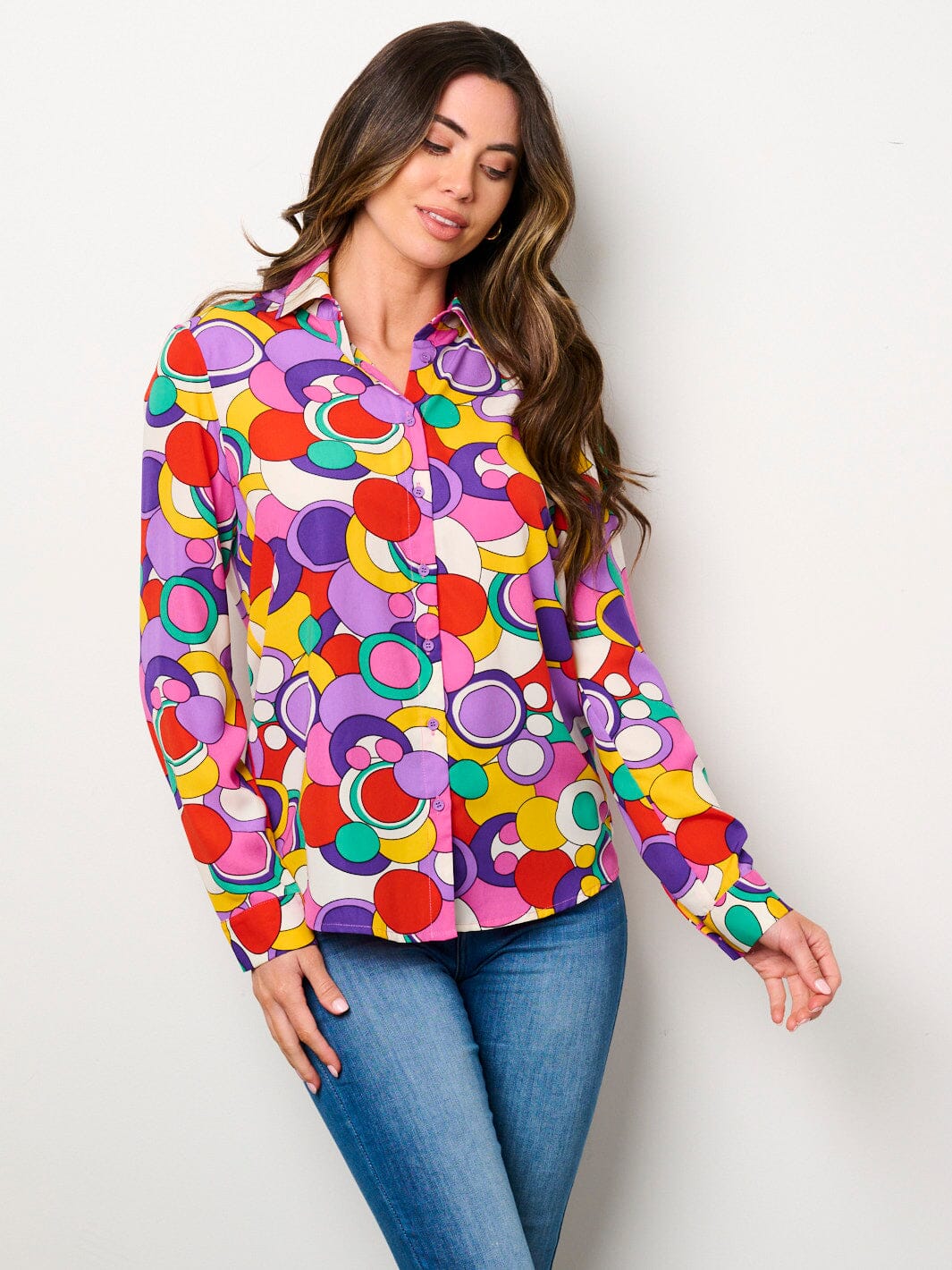 WOMEN'S LONG SLEEVE BUTTON UP MULTI PRINT BLOUSE TOP