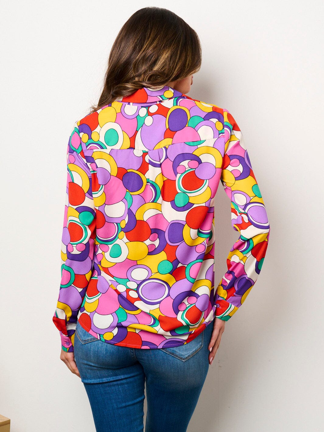 WOMEN'S LONG SLEEVE BUTTON UP MULTI PRINT BLOUSE TOP