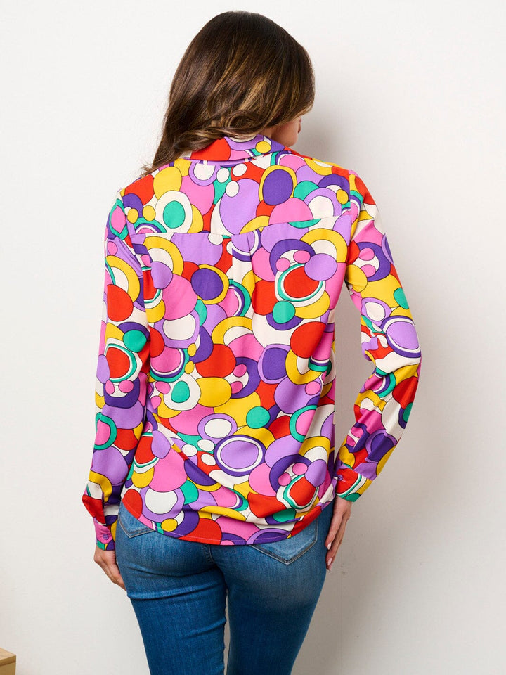 WOMEN'S LONG SLEEVE BUTTON UP MULTI PRINT BLOUSE TOP