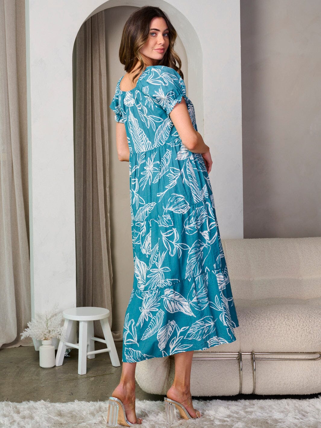 WOMEN'S SHORT PUFF SLEEVE LEAF PRINT MIDI DRESS