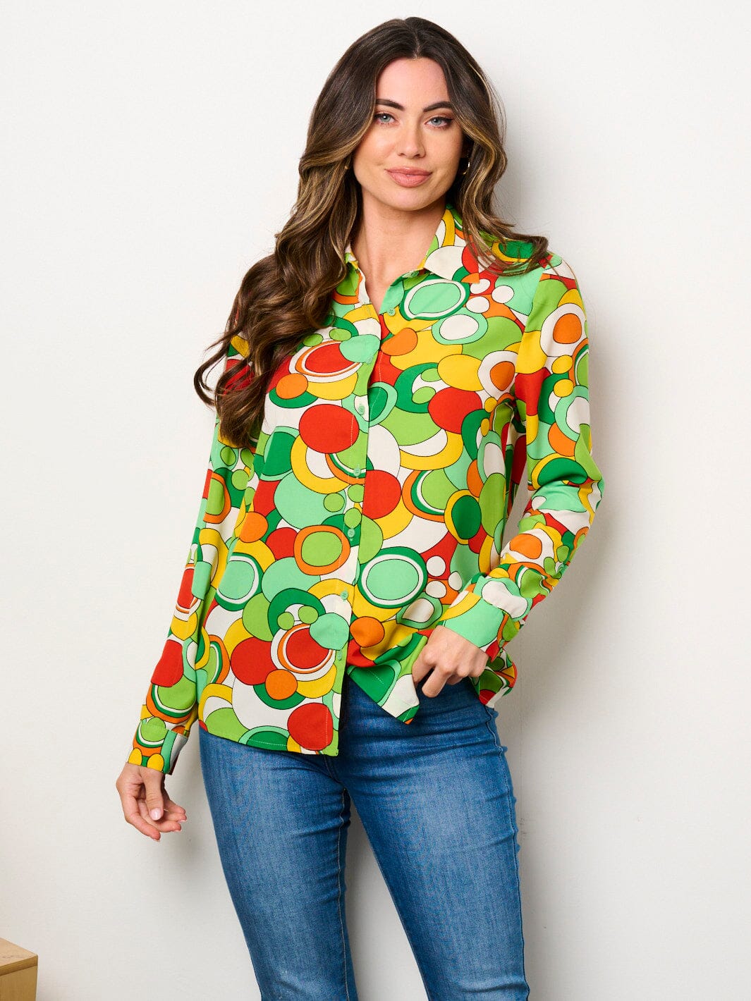 WOMEN'S LONG SLEEVE BUTTON UP MULTI PRINT BLOUSE TOP