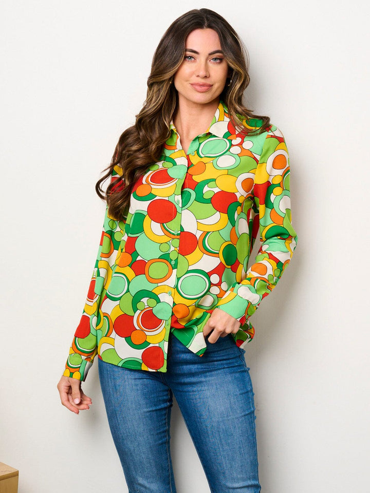 WOMEN'S LONG SLEEVE BUTTON UP MULTI PRINT BLOUSE TOP