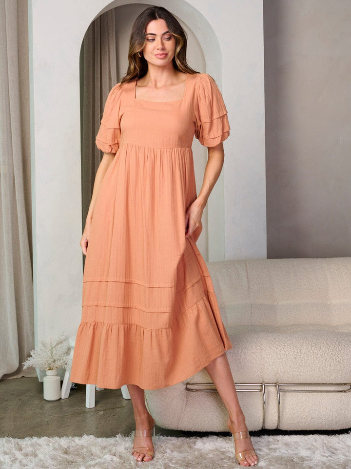 WOMEN'S SHORT PUFF SLEEVE POCKETS SQUARE NECK TIERED MAXI DRESS